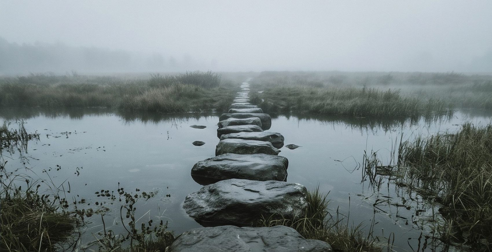 Un chemin de pierres traversant une étendue d'eau dans la brume